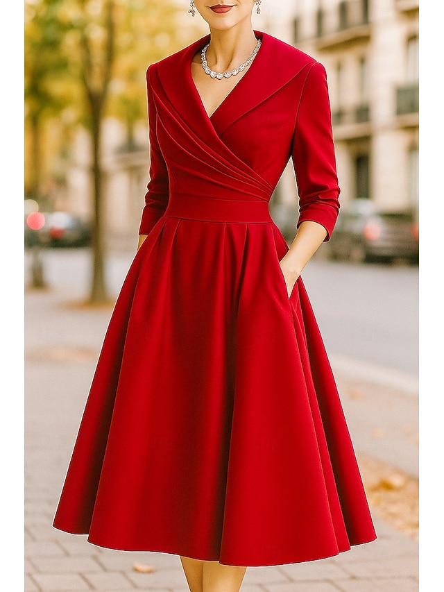 レッドブラックAライン母親の花嫁ドレスエレガントビンテージシャツカラーティーリングサテン3/4レングススリーブルーシュ単色付き