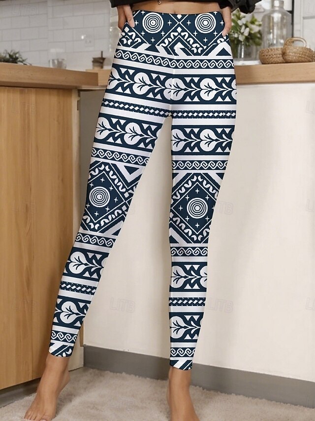 Women's Pants Trousers Leggings Cozy Leggings Vintage Casual Full Length High Waist Geometric Elastic Waist Print Breathability Comfortable Stretchy Vacation Street Daily Wear Dark Navy Summer Spring4