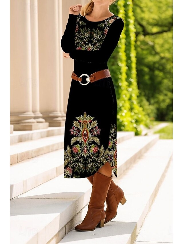Women's Midi Dress Maxi Dress Sheath Dress Shift Dress Party Casual Boho Party Wedding Guest Daily Regular Fit Graphic Paisley Tribal Long Sleeve Crew Neck Black Brown Spring Fall Winter Autumn3