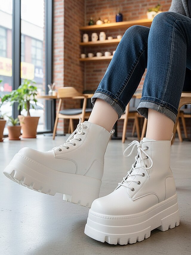  Women's White Platform Lace-Up Ankle Boots with Height Increasing Sole -Trendy Chunky Heel Fashion Boots for Casual and Streetwear