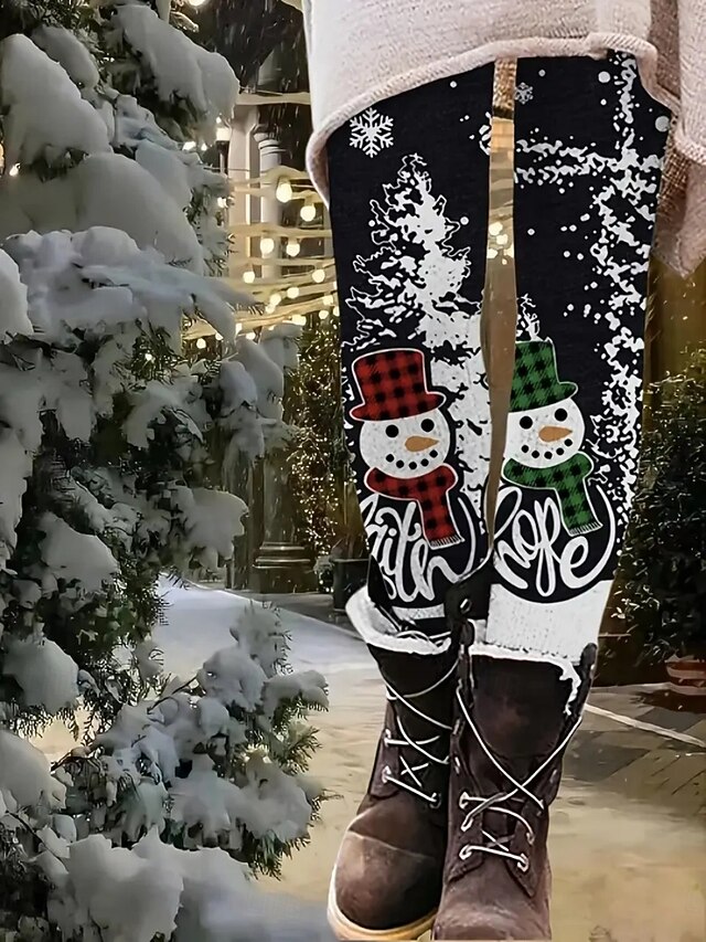 Women's Chinos Leggings Cozy Leggings Vacation Casual Full Length High WaistPantsUgly Christmas Snowman Snowflake Printing Thermal Warm Comfortable Stretchy Vacation Casual Daily Black Fall Winter4
