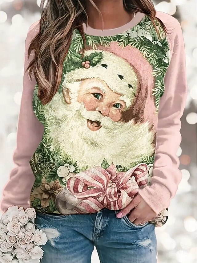 Women's Pullover Graphic Santa Claus Christmas Casual Long Sleeve Crew Neck Regular Tops Casual Holiday Print Pink Red Blue Spring Fall Winter4