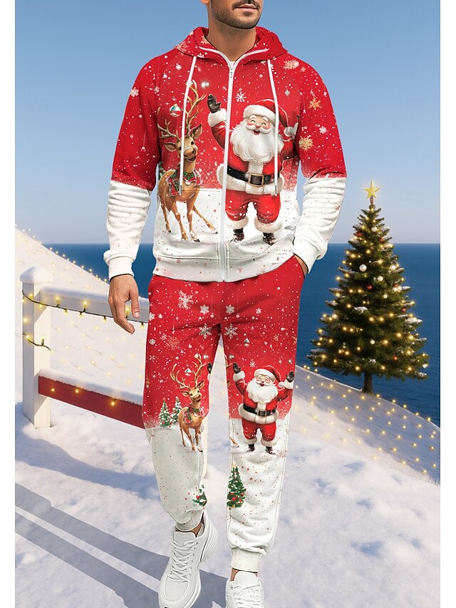 Christmas Men's Hoodie Tracksuit Zip Hoodie Drawstring Pockets Pants Hoodie Sweatshirt Fall White+Red Gym Workout Casual Basketball Baggy Long Sleeve Sport Activewear Stretchy Regular Fit4