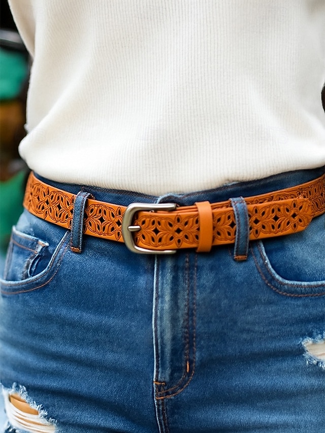  Ceinture en cuir véritable pour femme – motif floral vintage sculpté avec boucle en métal, accessoire de taille rétro pour jeans, robes et tenues décontractées
