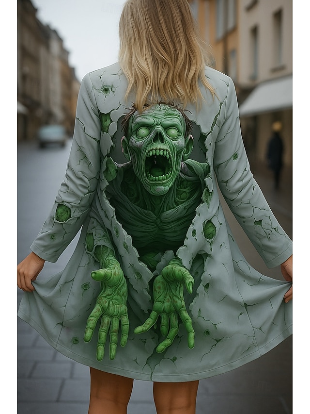  pelerine / pelerine pentru femei cu craniu de Halloween, uscare rapidă, tricotaje ușoare, active, exagerate, 3D, casual, lungi, fără guler, croială regulată, mâneci lungi, haine de exterior, verde