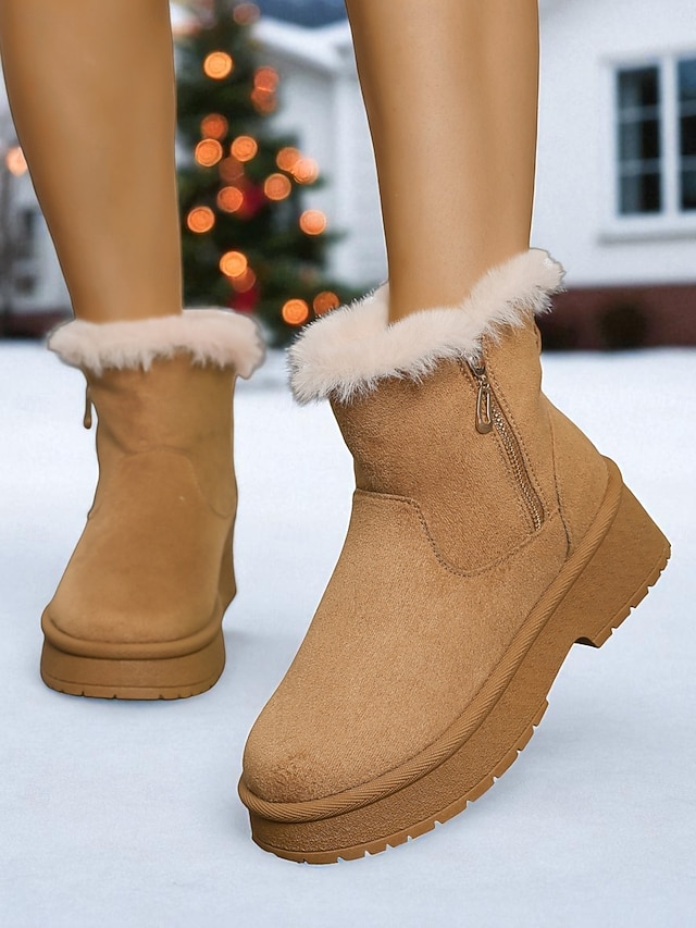  Bottes de neige décontractées en similicuir pour femme avec fermeture éclair latérale et bordure en fourrure – chaussures d'hiver confortables et décontractées