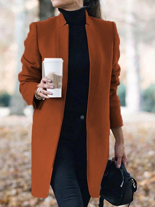  Femmes Veste d'hiver Chaud Respirant Coupe ajustée Élégant Occasionnel Uni Vacances Rue Occasionnel Tenue quotidienne Ouvert devant Long Col montant Coupe régulière manche longue Vêtements d'extérieur