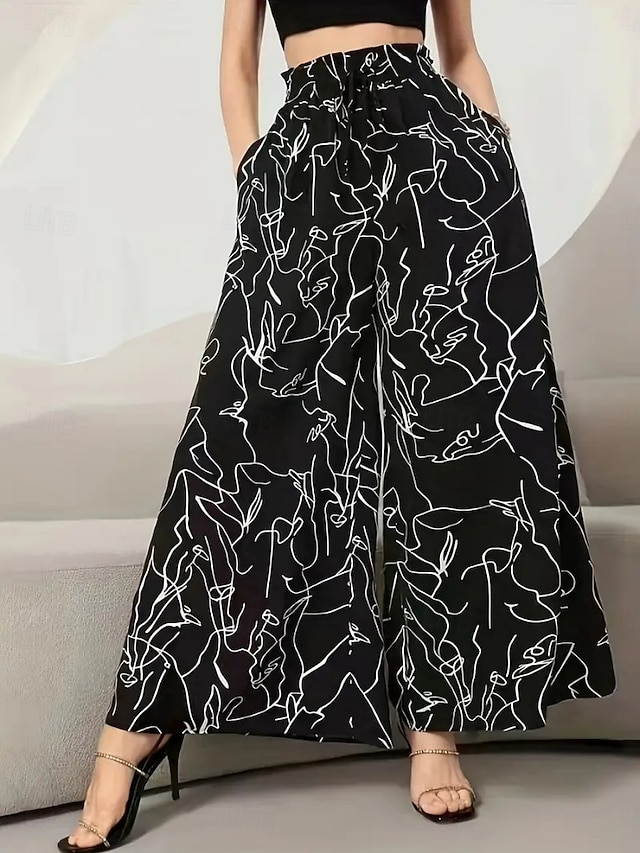  Dame Bred Bukseben kinesisk Mote Gatemote Fritid Full lengde Høy Midje Blomstret Elastisk midje Printer comfy Myk Bekvem Mikroelastisk utendørs Gate Svart Rosa Blå Grønn Sommer Vår Høst Løstsittende
