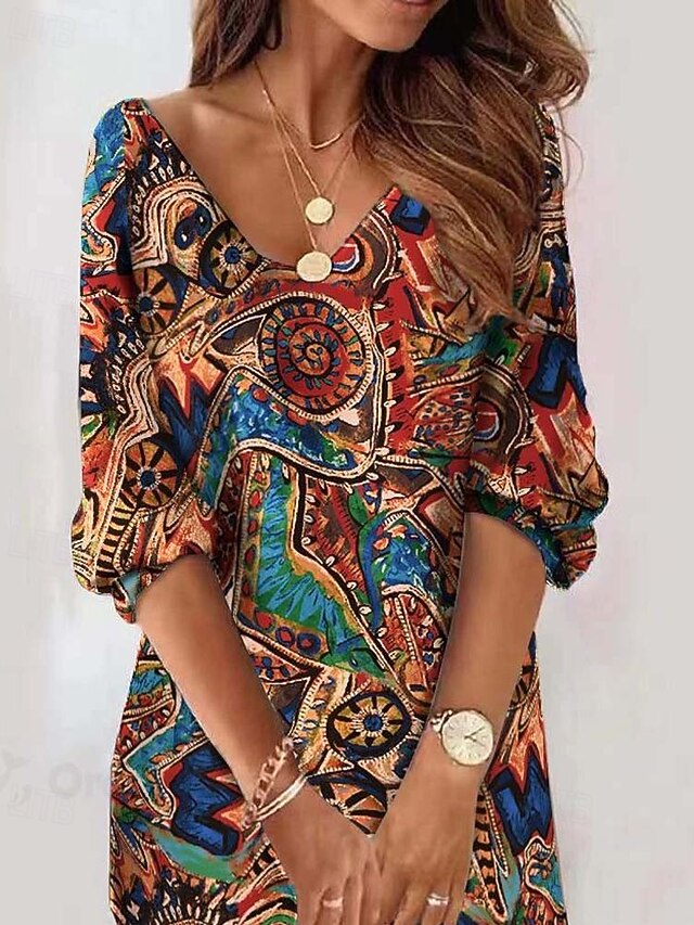 Women's Mini Dress Sheath Dress Shift Dress Party Casual Boho Birthday Daily Cocktail Party Regular Fit Floral Graphic Tribal Long Sleeve V Neck Brown Spring Fall Winter Autumn3