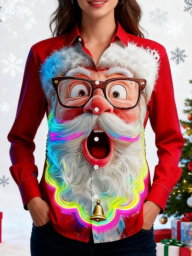 Christmas Women's Shirt Graphic Santa Claus Elegant Vintage Tropical Long Sleeve Shirt Collar Regular Tops Work Daily Holiday Black Red Blue Fall Winter4