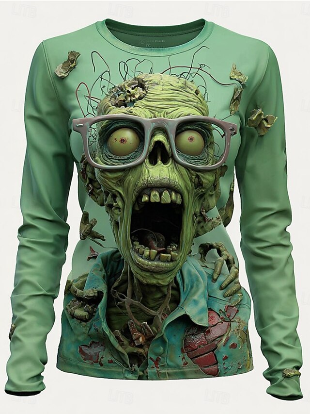 Halloween Women's T Shirt Skulls Graphic Vintage Fashion Stylish Long Sleeve Crew Neck Round Neck Regular Tops Daily Weekend Print Sage Green Light Green Green Summer Spring Fall4