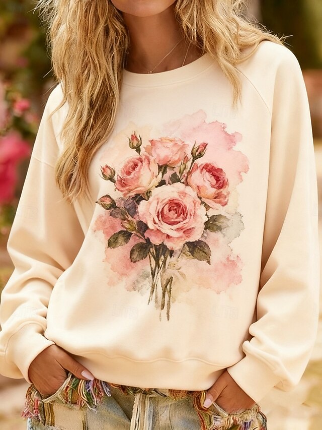 Women's Pullover Sweatshirts Floral Fashion Streetwear Classic Long Sleeve Crew Neck Round Neck Regular Tops Dailywear Casual Print Beige Spring Fall4