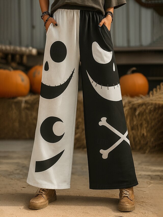 Women's Culottes Wide Leg Vacation Vintage Ethnic Style Full Length High WaistPantsHalloween Graphic Skull Pumpkin Quick Dry Breathability Soft Inelastic Outdoor Vacation Sport Black Orange Summer3