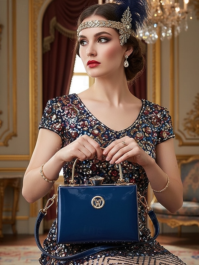 Women's Burgundy Patent Leather Evening Handbag with Gold Handle, Vintage Gatsby Style Purse for Cocktail Parties, Weddings and Formal Events