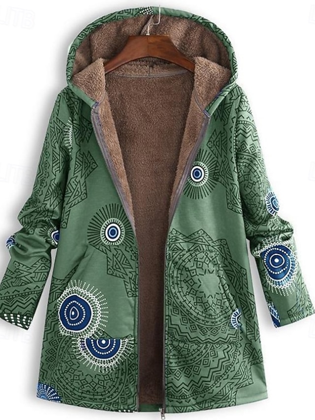  Γυναικεία Μπουφάν Sherpa Casual Jacket Άνετο Αναπνέει Στάμπα Καθημερινό Γεωμετρικό Διακοπές Δρόμος Causal Καθημερινά Ρούχα Ανοικτό Μπροστά Κανονικό Με Κουκούλα Κανονικό Μακρυμάνικο Εξωτερικά ενδύματα
