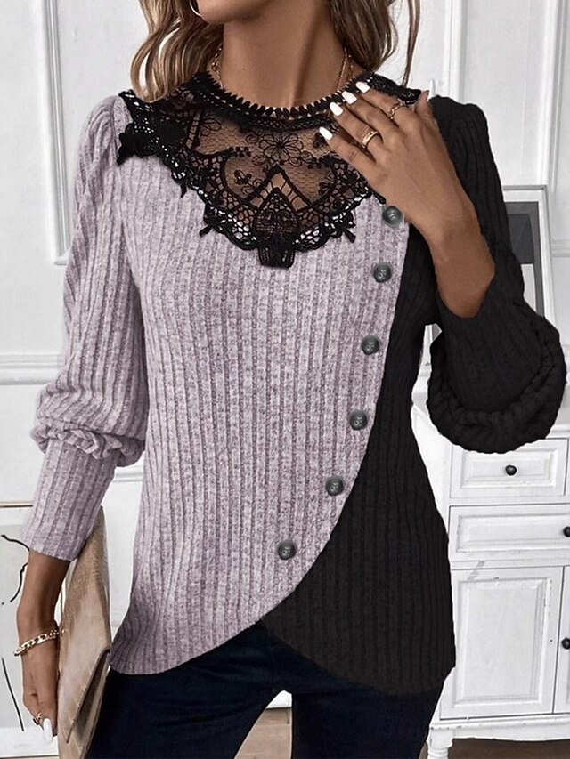 Women's Blouse Solid Color Stylish Casual Long Sleeve Crew Neck Regular Tops Daily Lace Patchwork Pink Green Gray Spring Fall Winter4