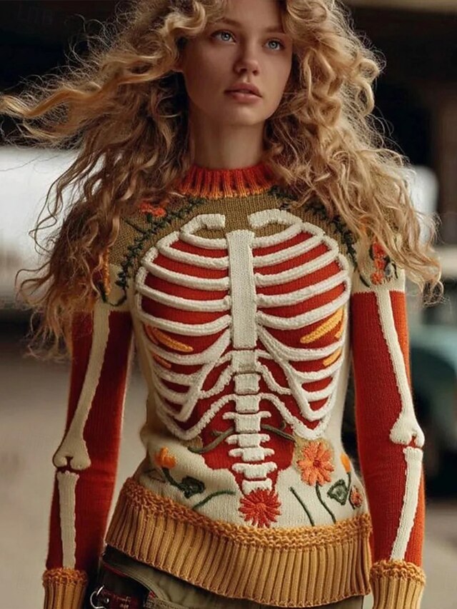 Halloween Women's Sweater Skeleton  Cute Streetwear Casual Graphic Skeleton Crew Neck Patchwork Knitted Long Sleeve Regular Tops KnitRed Beige Fall Winter3