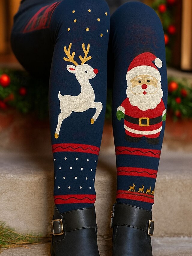 Women's Leggings Vacation Vintage Ethnic Style Full Length High WaistPantsUgly Christmas Graphic Santa Claus Elk 3D Print Quick Dry Breathability Soft Stretchy Outdoor Home Causal Navy Blue Green4