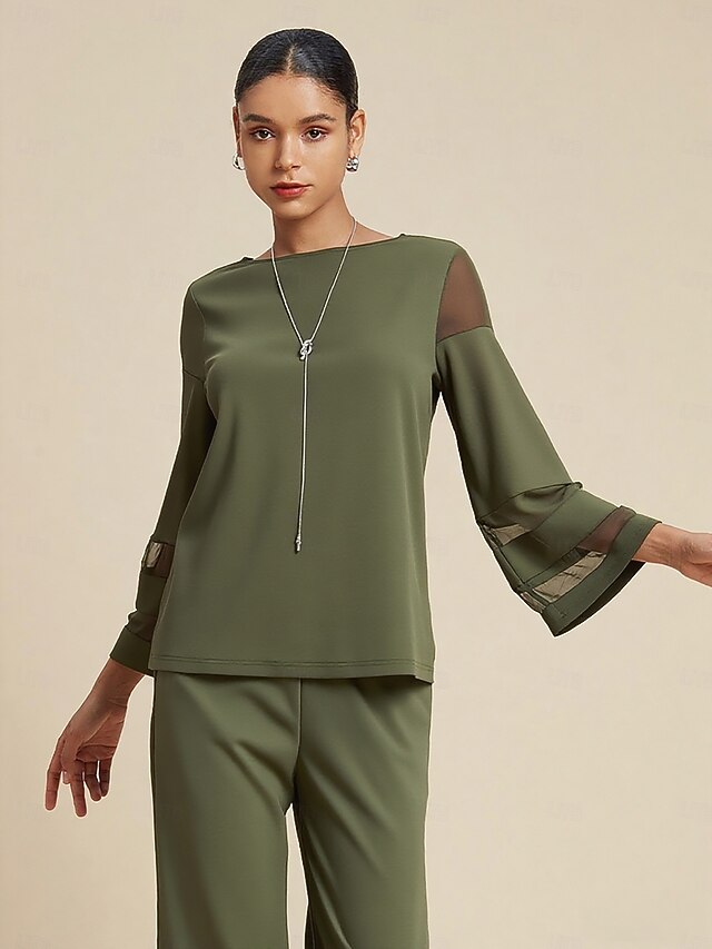 Women's Army Green Tencel Roma Mesh Sleeve Patchwork Round Neck Eight Sleeve Short Blouse4