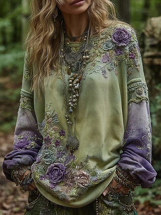 Women's 3D Print Vintage Boho Hoodie Patchwork Hoodie Sweatshirt Floral Pullover Sweatshirt Warm Active Vintage Street Dailywear Casual Patchwork Print Purple Green Spring Fall Winter4