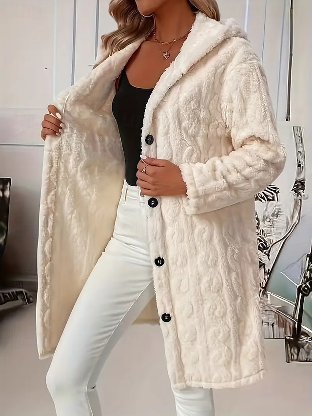  Damen Sherpa-Jacke Bequem Atmungsaktiv Jacquard Elegant Lässig Einfach Urlaub Straße Lässig Alltagskleidung Einreihig Lang Mit Kapuze Normale Passform Langarm Oberbekleidung Beige Frühling Herbst