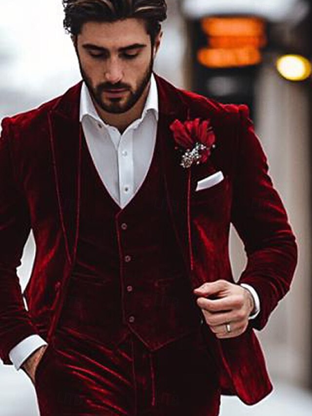 Burgundy Green Pink Red Blue White Men's Tailored Fit Single Breasted One-button 3 Pieces Solid Coloured Wedding Suits