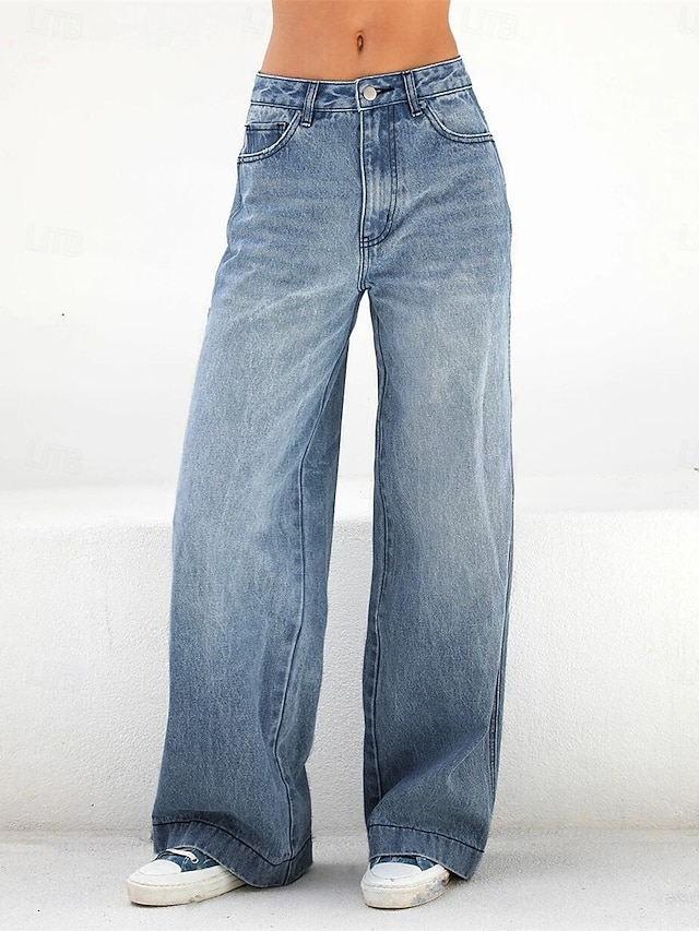Women's Jeans Wide Leg Fashion Streetwear Full Length High Waist Plain Pocket Comfy Soft Comfortable Micro-elastic Outdoor Street Blue Spring & Fall Spring, Fall, Winter, Summer Regular Fit 9