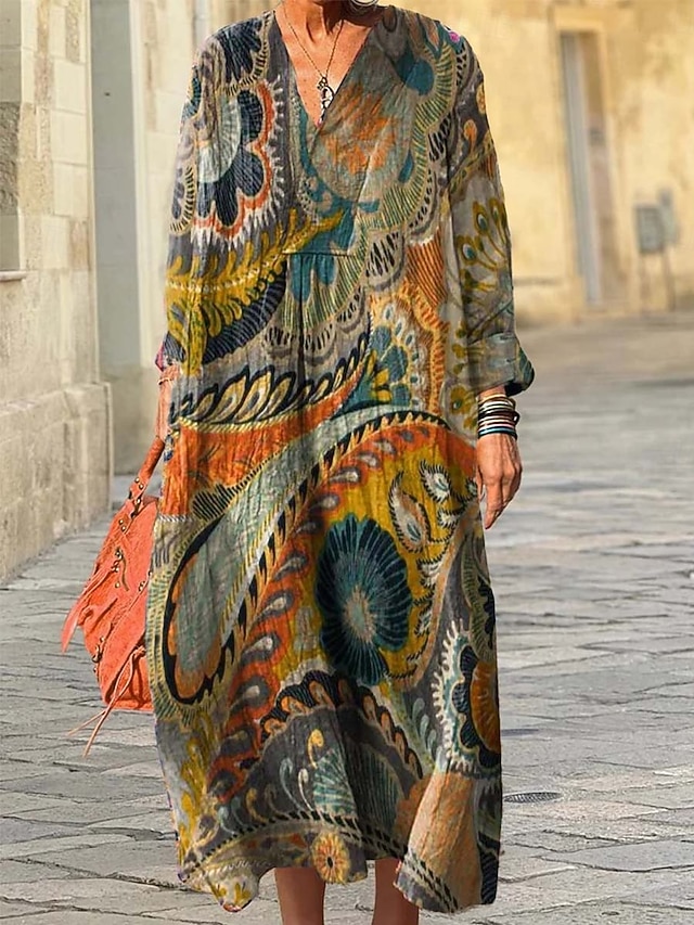  Femmes Robe Midi Robe d'Été Robe trapèze Vacances Occasionnel Boho Sortir Plage Coupe Ample Graphique Géométrique manche longue Col en V Rose Claire Bleu Violet Claire Marron Printemps Automne Hiver