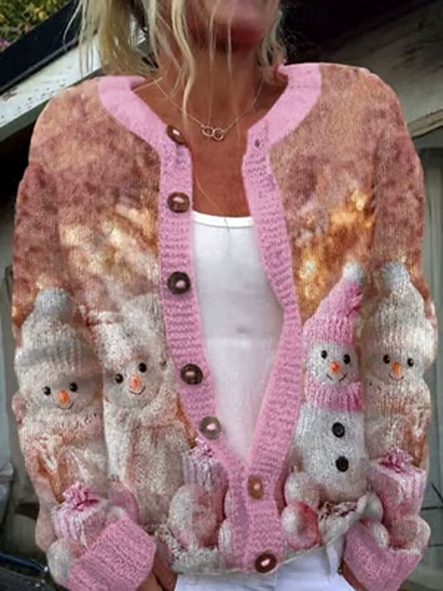 Women's Cardigan Daily Stylish Floral Graphic Snowman Ribbed Crew Neck V Neck Buttons Print Long Sleeve Regular Tops Knit Outdoor Weekend Pink Red Fall Winter2
