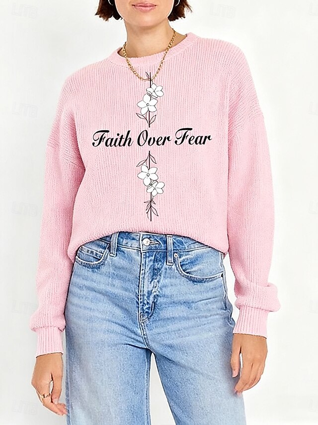 Women's Sweater Pullover Daily Casual Graphic Letter Ribbed Crew Neck Knitted Print Long Sleeve Regular Tops Knit Outdoor Weekend Pink Fall Winter4