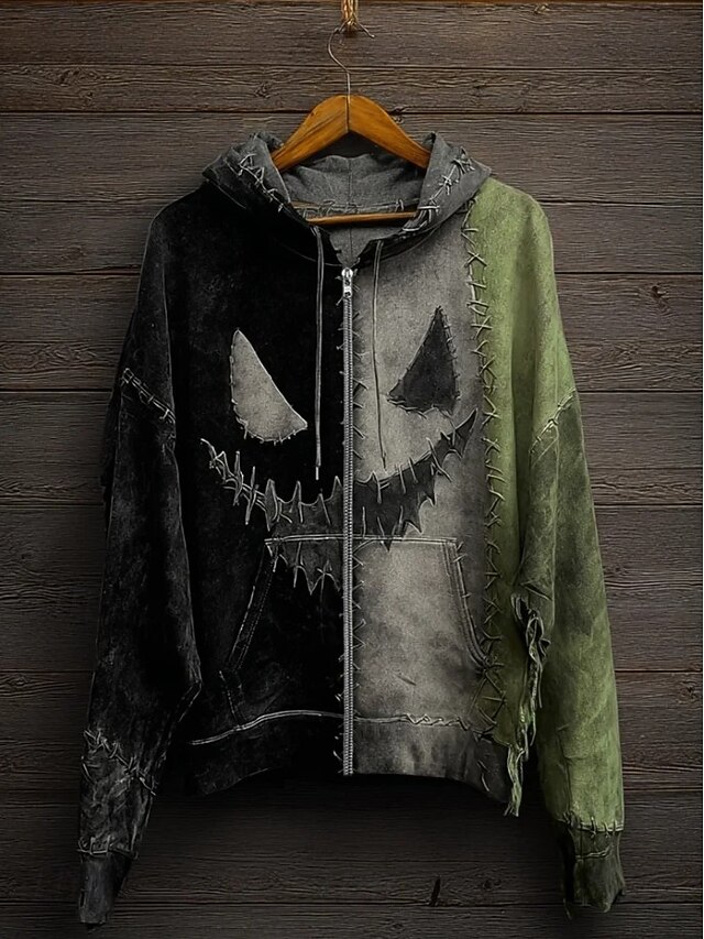 Women's Zip Up Hoodies Graphic Punk Active Vintage Long Sleeve Hooded Regular Tops Home Dailywear Casual Patchwork Green Fall Winter2