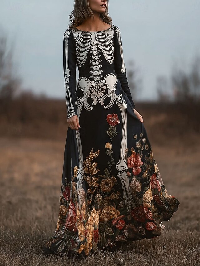 Halloween Women's Skeleton Floor length Sheath Dress A Line Dress Casual Boho Wedding Guest Beach Regular Fit Floral Graphic Long Sleeve Crew Neck Black Spring Fall Winter4