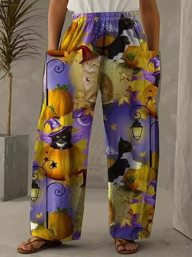 Women's Wide Leg Chinos Pants Trousers Vacation Vintage Casual Full Length High WaistPantsHalloween Cat Pumpkin Pocket Elastic Waistband Printing Comfy Soft Comfortable Stretchy Vacation Street4