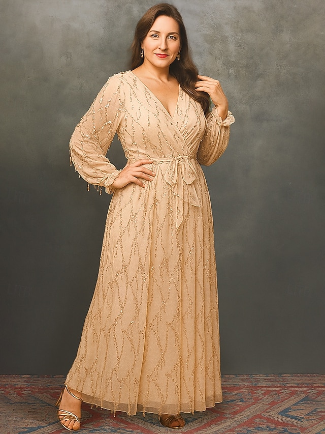  Γραμμή Α Μέχρι τον αστράγαλο Επίσημο ένδυμα Βραδινή τουαλέτα Μακρυμάνικο Λαιμόκοψη V Μεγάλο Μέγεθος Φανταχτερό Δαντέλα Με πούλιες Φόρεμα Μητέρας της Νύφης με Συνδυασμός χρωμάτων