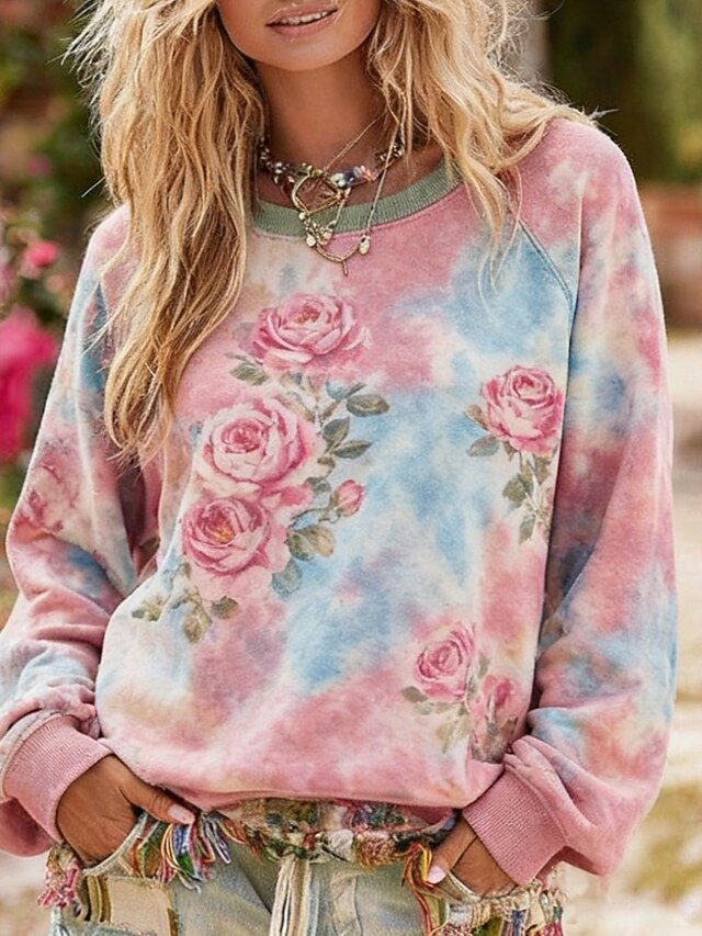 Women's Pullover Sweatshirts Floral Fashion Streetwear Classic Long Sleeve Crew Neck Round Neck Regular Tops Dailywear Casual Print Pink Spring Fall4