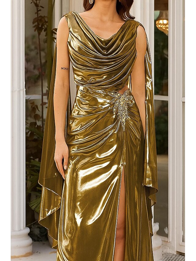 トランペット/マーメイド タイト/コラム イブニングドレス エレガント フォーマルドレス フォーマル 結婚式 スイープ/ブラシトレーン ノースリーブ カウルネック ケープ ルレックス生地 とともに グリッター素材 プリーツ クリスタル装飾 2025