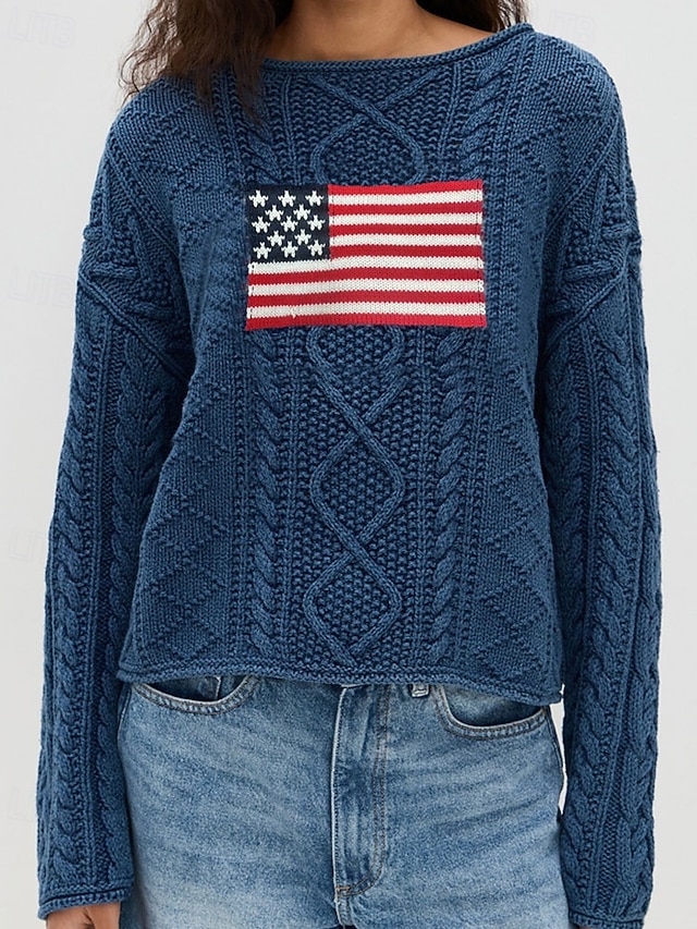 Női Pulóver Szüret Divat Utcai sikk Grafika Terített nyak Kötött Hosszú ujj Normál felsők Kötött Szabadtéri Napi Randi Tengerészkék Ősz Tél