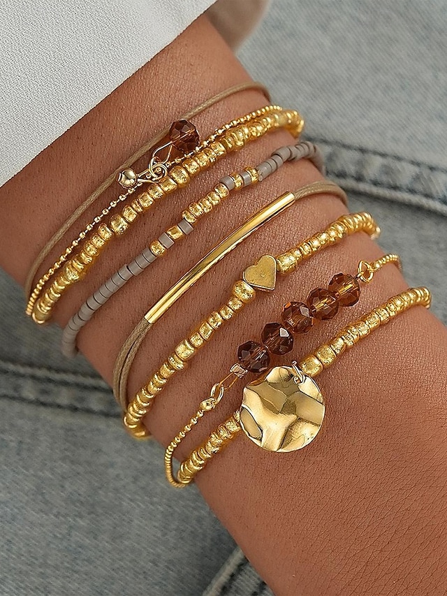  Women's Bohemian Beaded Layered Bracelet Set – Gold and Brown Multi-Strand Bangles with Heart & Charm Accents, Fashion Jewelry for Parties, Festivals and Everyday Wear