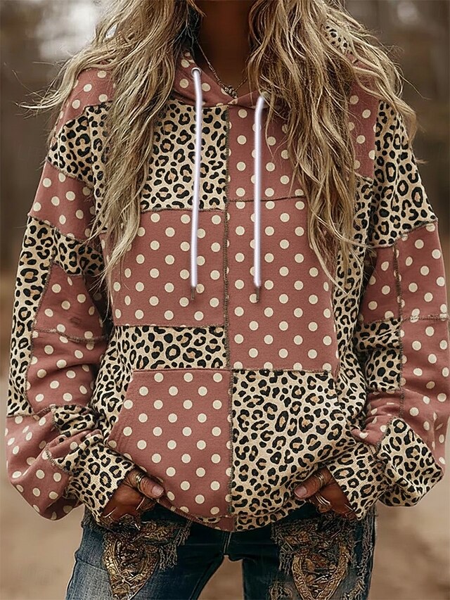 Women's Pullover Hoodies Geometric Fashion Streetwear Casual Long Sleeve Hooded Regular Tops Dailywear Casual Sports Drawstring Patchwork Pocket Red Spring Fall4