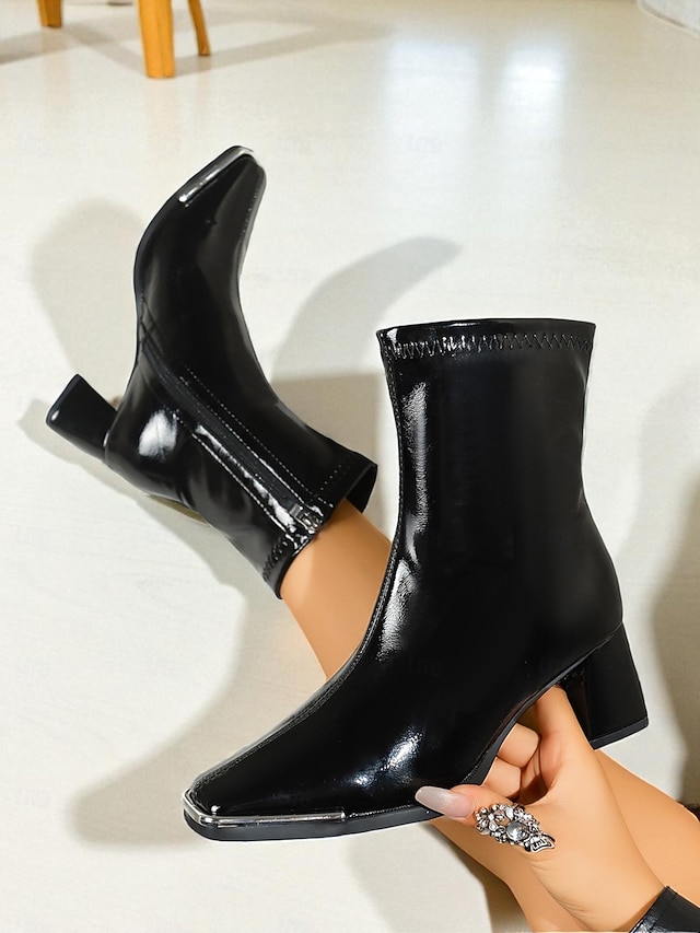  Bottines en similicuir verni noir pour femme, bout carré et talons compensés, bottines chics et modernes pour tenues décontractées et tenues de bureau &soirée