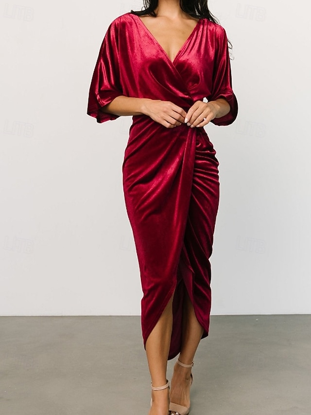 Damen Midikleid Samtkleid Partykleid Cocktailkleid Mode Modern Party Abendgesellschaft Normale Passform Einfach Halbarm V Ausschnitt Schwarz Wein Dunkelgrün Kamel Herbst Winter