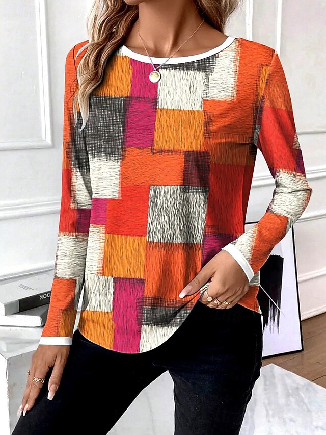 Women's T Shirt Graphic Geometric Abstract Vintage Fashion Stylish Long Sleeve Crew Neck Round Neck Regular Tops Daily Weekend Print Purple Orange Gray Summer Spring Fall4