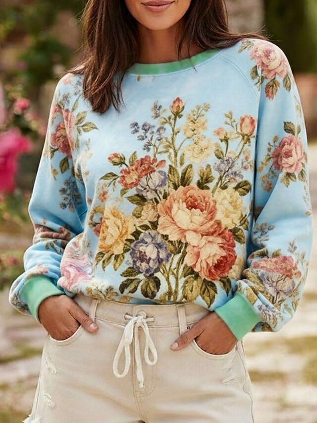 Women's Pullover Sweatshirts Floral Fashion Streetwear Casual Long Sleeve Crew Neck Round Neck Regular Tops Dailywear Casual Print Blue Spring Fall4