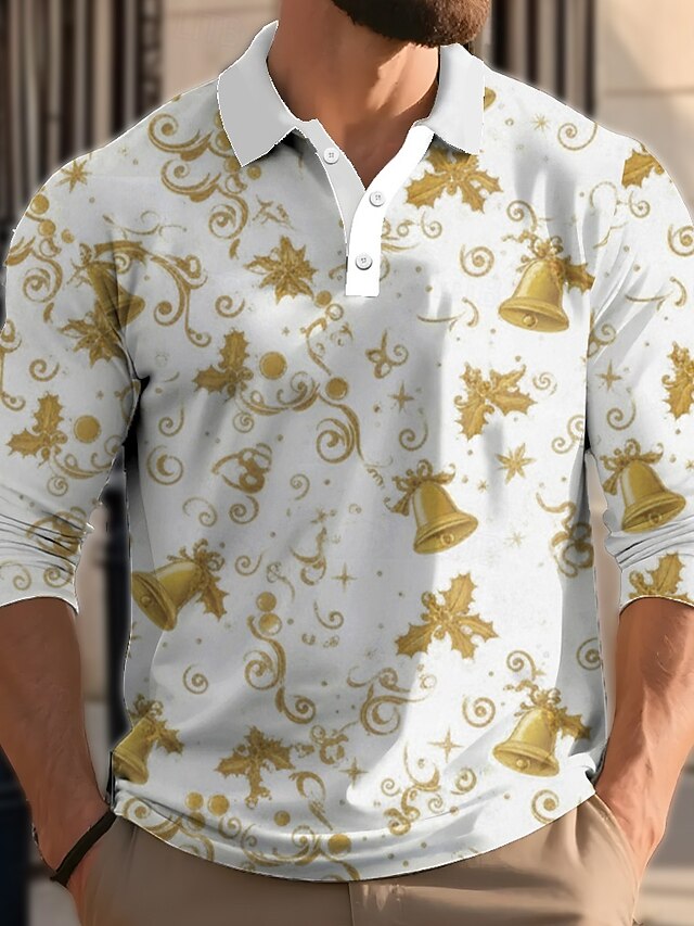  Christmas Miesten Joulukello Polo Pitkähihainen Poolopaidat Kauluskäänne Vapaa-aika ulko- Arki-asut Festivaalin asu 3D-tulostus Napit Kevät Syksy Talvi Rubiini Kulta