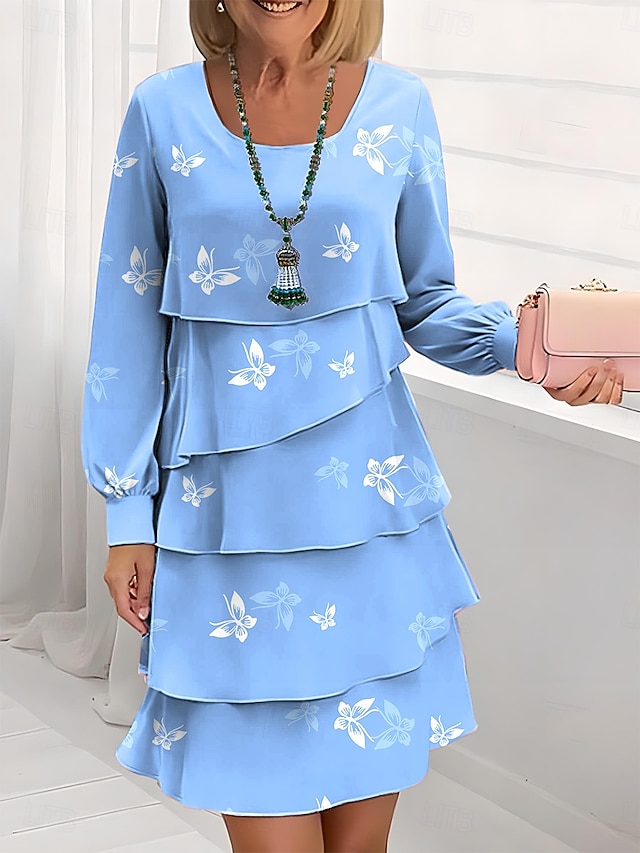  Damskie Sukienka do kolan Codzienne sukienki Sukienki szyfonowe Sukienka trapezowa Sukienka warstwowa Elegancja Urlop Impreza Regularny Kwiaty Długi rękaw Półgolf Czarny Biały Niebieski Zielony Lato