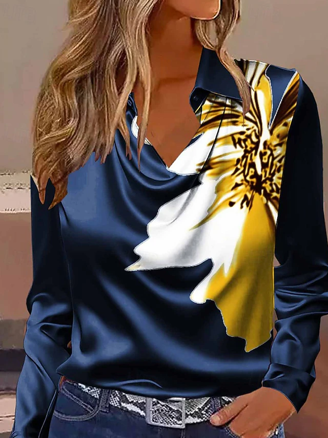 Women's Shirt Blouse Floral Stylish Long Sleeve Shirt Collar Regular Tops Work Going out Print Black Navy Blue Green Spring Fall3