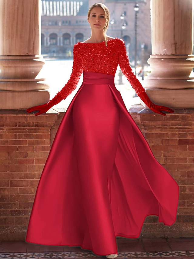 Long Flared Sleeve Satin Evening Gown main image 0