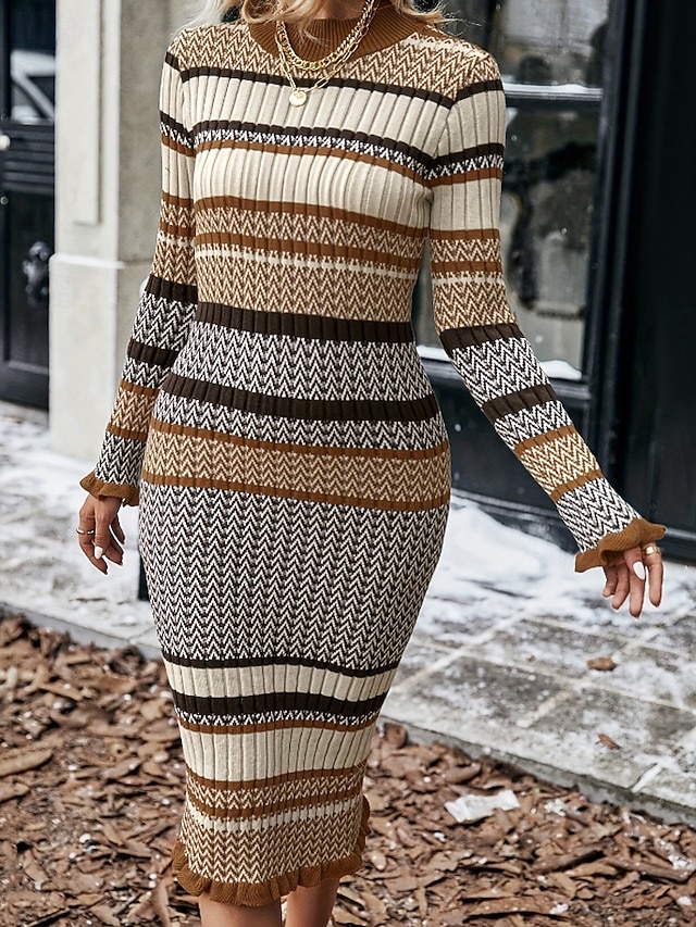 Mulheres Vestido midi Vestido Suéte Vestido da bainha Moderno Diário Para Noite Normal Listrado Manga Longa Gola Redonda Cáqui Outono Inverno
