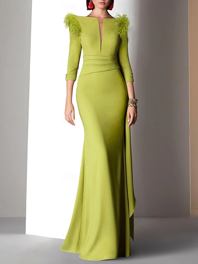 Mermaid Wedding Guest Feather Dress Beach Wedding Evening Gown Elegant Formal Fall Floor Length 3/4 Length Sleeve V Neck with Ruched Ruffles dress to impress 7