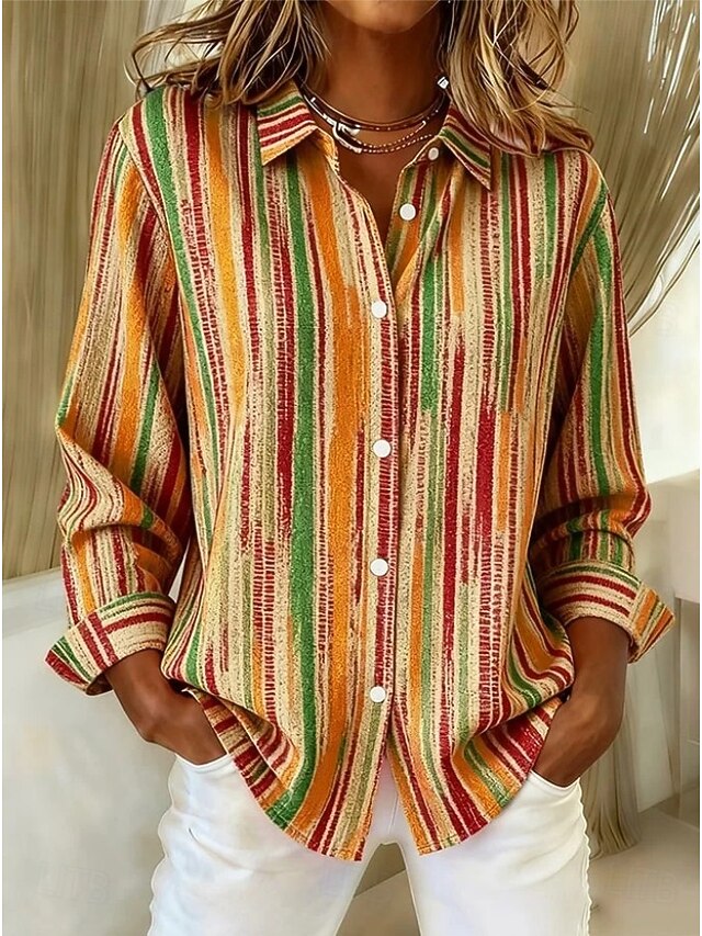 Women's Shirt Blouse Graphic Geometric Striped Casual Long Sleeve Shirt Collar Regular Tops Daily Patchwork Buttons Print Blue Orange Green Spring Fall Winter4